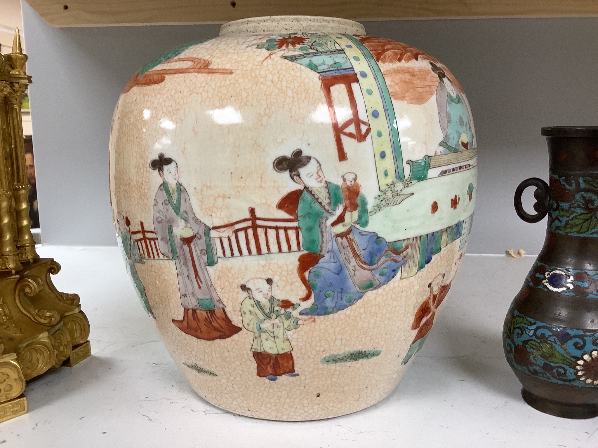 A large Chinese crackle glaze jar, height 24cm and a Japanese champleve enamel bronze vase